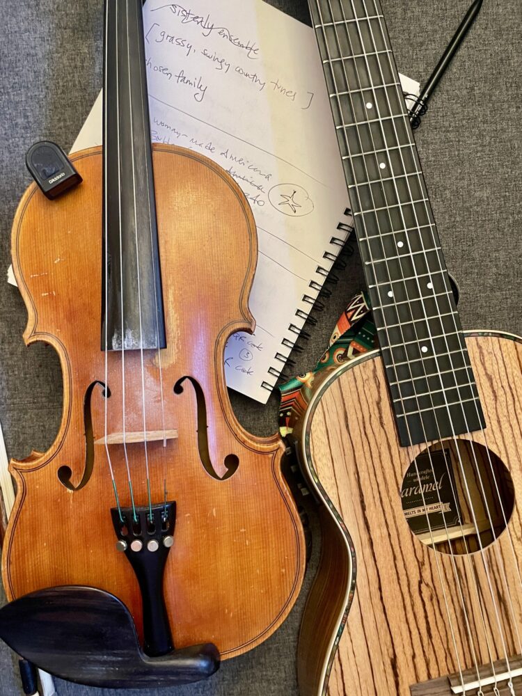 fiddle and guitarlele on top of notebook